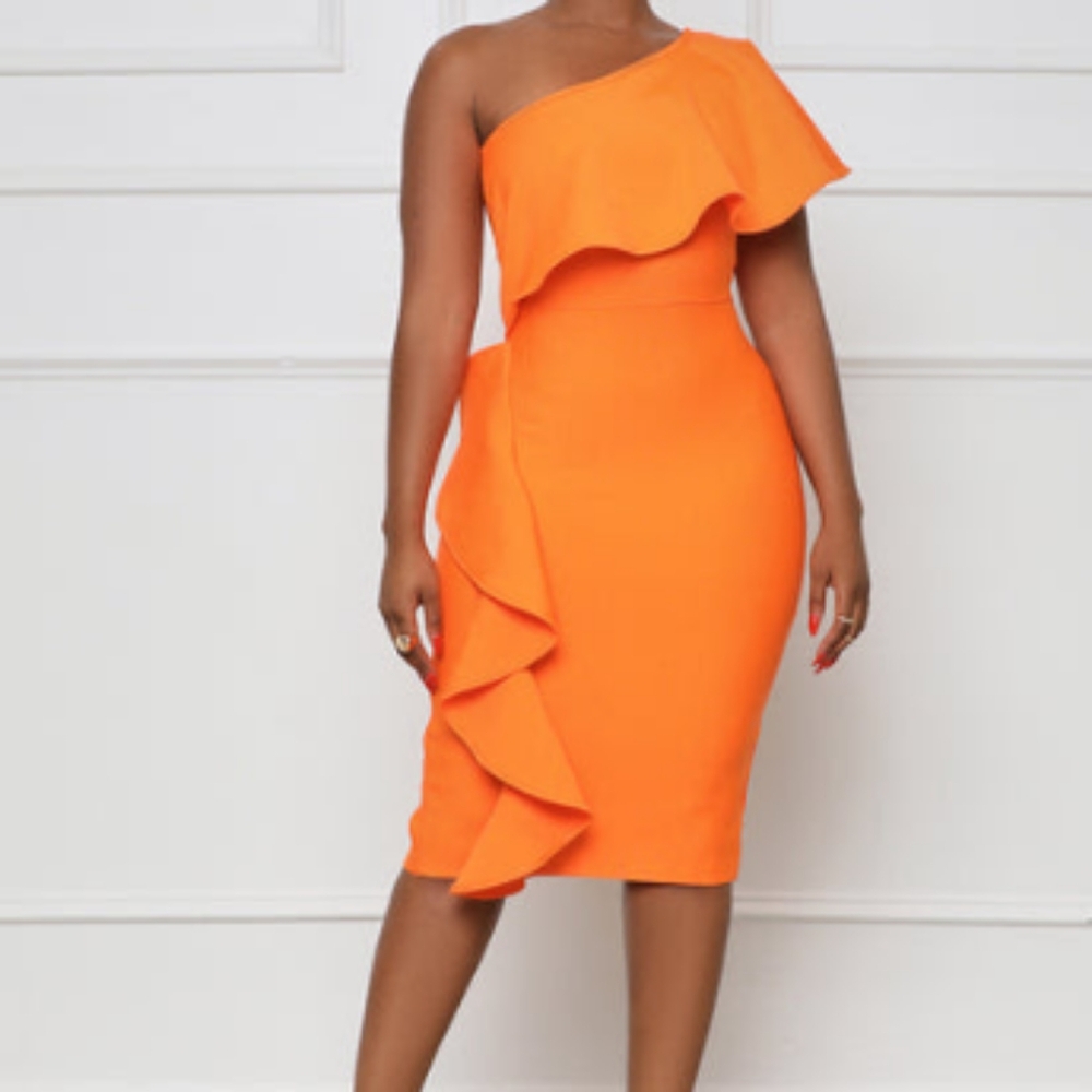 One Shoulder Ruffled Midi Dress